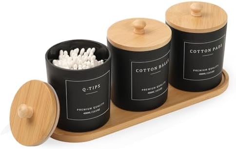 3 Pack Qtip Holder - Bathroom Organizers and Storage, Cotton Round Pad Dispenser Floss Pick Holder with Tray, Glass Apothecary Jars with Lids, Cotton Ball Container - Black by Eggs+sound