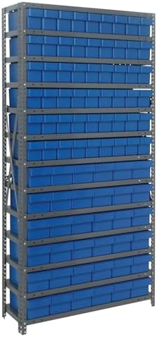 Quantum 1875-624BL Heavy Duty Shelving Unit with (13) Shelves (54) QED604 and (36) QED602 Blue Bins for Industrial Warehouse Storage | 400 lbs Capacity | 18"D x 36"L x 75"H, Galvanized Carbon Steel by QuantumStorageSystems