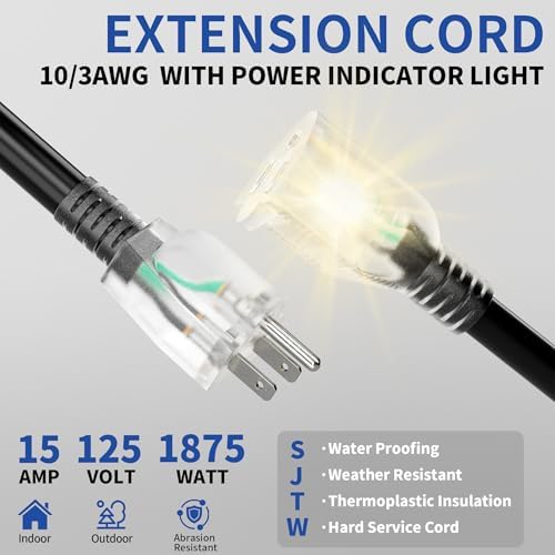 10ft Outdoor/Indoor Extension Cord with Lighted 10/3 Gauge, Black - Image 2