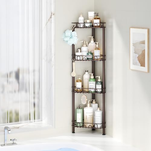 SWTYMIKI Standing Shower Caddy Corner - 4‑Tier Stainless Steel Shower Organizer Shelf with 12 Hooks and Adhesive Pads, Rustproof Corner Shelves Stand Rack for Bathroom Shower Room, Bronze - Image 5