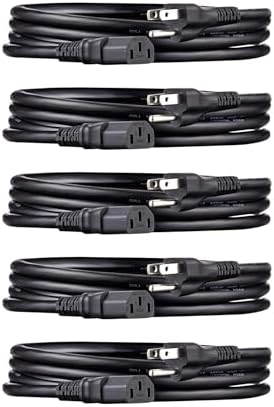 Amazon Basics Universal PC Power Cord Replacement, AC Power Cord for Monitor, Computer, TV, 3 Prong, 18 AWG, 125 Volts, 6 ft, Black, 5-Pack by AmazonBasics