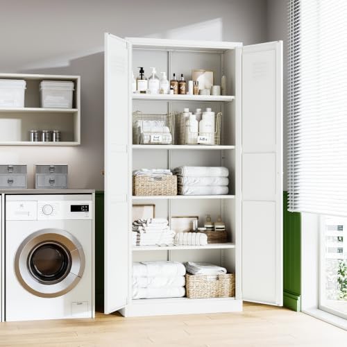 Letaya White Storage Cabinet with Adjustable Shelves-Metal Home Kitchen Pantry Cabinets with Doors,Organization Locker for Cupboard/Bedroom/Dining/Living/Bathroom/Office/Garage Room - Image 4