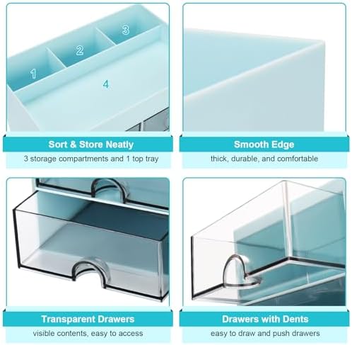 Meiikun Desk Organizer, Office Organizer with Drawer, Desk Accessories & Workspace Organizers, Pen Holder Office Supplies for Desk (4 Drawers+4 Compartments, Blue) - Image 5