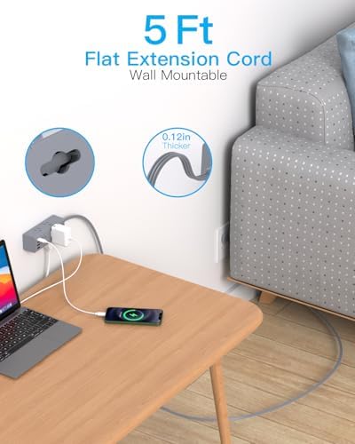 One Beat 5Ft Extension Cord with Multiple Outlets,Flat Plug Power Strip - Image 2