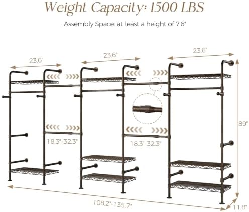 Closet Organizers Wall Mounted Closet System, 5-Row Heavy Duty Garment Clothes Rack, Industrial Pipe Clothing Rack with 4 Telescopic Rods, 3 Fixed Rods, 6 Hooks & 8 Shelves for Bedroom, Black and Gold - Image 2