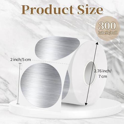 2 Inch Holographic Thermal Labels,Silver Round Thermal Printer Labels,Printable Round Thermal Printer Labels Self-Adhesive Direct Thermal Label(300pcs Brushed Silver) - Image 2