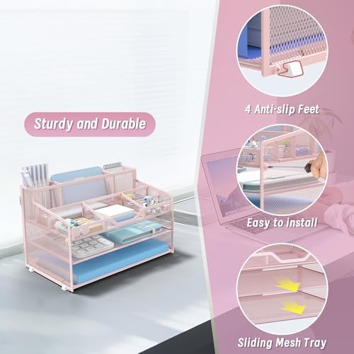 3 Tier Mesh Paper Desk Organizer with Pen Holders, Pink - Image 4