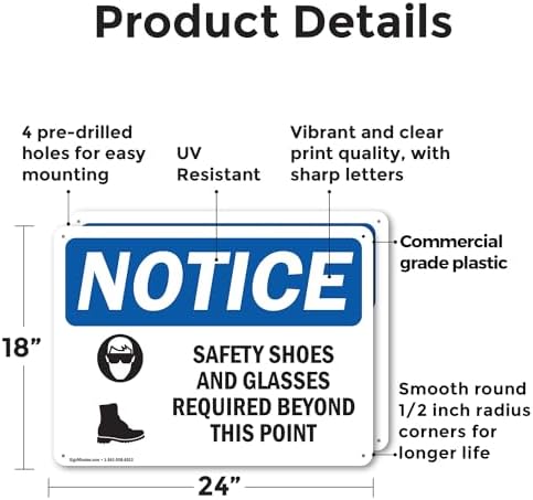 (2 Pack) Safety Shoes And Glasses Required OSHA Notice Sign 24 Inch X 18 Inch Plastic Sign, Weather Resistant, UV Protected for Workplace, Business, and Construction Site, Made in the USA - Image 2