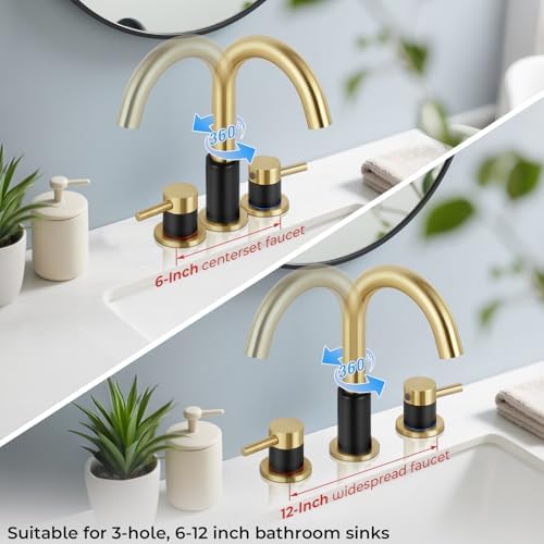 Black and Gold Bathroom Faucet 3 Hole, 2-Handle Widespread Faucet - Image 4