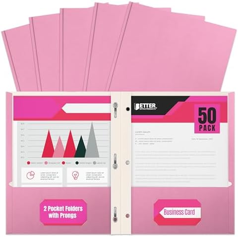 Better Office Products Pink Paper 2 Pocket Folders with Prongs, 50 Pack, Matte Texture, Letter Size Paper Folders, 50 Pack, with 3 Metal Prong Fastener Clips, Pink by BetterOfficeProducts