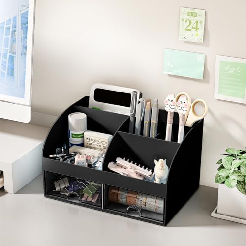 COMFYROOM Desk Organizer with 6 Compartments and 2 Drawers, Plastic Makeup Organizer, Pen Holder for Desktop Storage, Desk Organization for School, Home, Office Supplies (Black) - Image 4