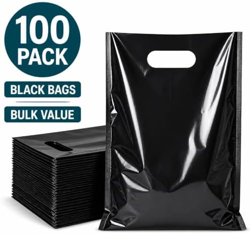 ysmile Plastic Merchandise Bag with Handle for Retail, Plastic Shopping Bag Die Cut for Small Business Extra Thick 11.8"x15.8" - Black - Image 5