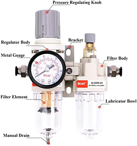 RIH 1/4" NPT Compressed Air Filter Regulator Lubricator Combo Water/Oil Trap Separator - Gauge(0-150 psi), Semi-Auto Drain, Poly Bowl,Bracket - 3 in 1 Two Unit (1/4" NPT) - Image 2
