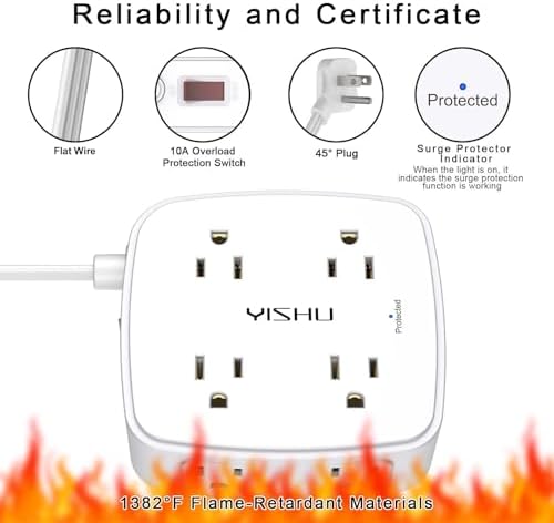 6 Ft Surge Protector Power Strip - YISHU 8 Widely Outlets with 4 USB Ports, 3 Side Outlet Extender with 6 Feet Flat Extension Cord, Ultra Flat Plug, Wall Mount, Desk USB Charging Station, ETL, White - Image 6