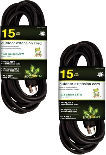 GoGreen Power Inc. (G-13715BK-2) 16/3 15' Heavy Duty Extension Cord - Black, 15ft, 2 Pack by PowerByGoGreen