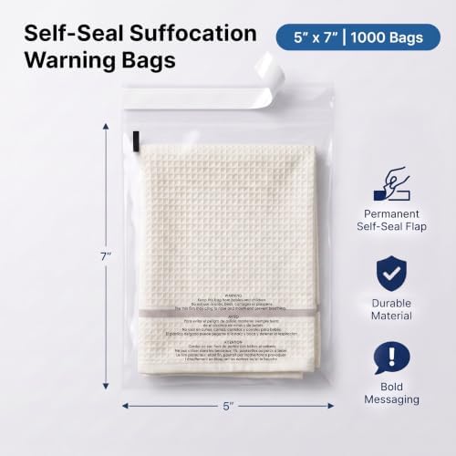 5” X 7” (1000 Count) Self Seal Clear Poly Bags with Suffocation Warning - Image 3