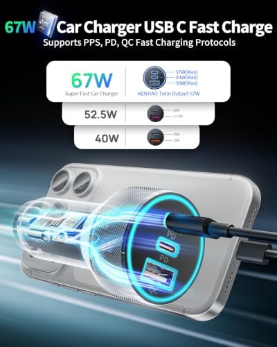 USB C Car Charger, 3-Port 67W Cigarette Lighter USB Charger Adapter, 2 Pack - Image 2
