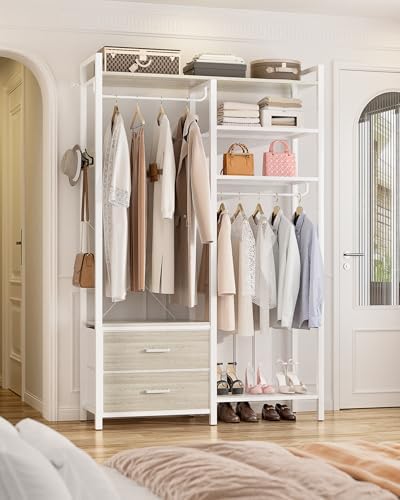 78.7'' Clothes Rack for Hanging Clothes - Reversible Clothing Rack with 2 Drawers, Heavy Duty Garment Racks with Shelves, 6 Tiers Freestanding Closet Wardrobe System with Hanging Hooks, White Oak - Image 5