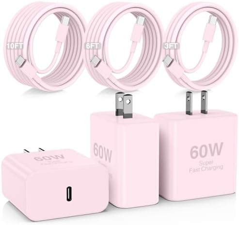 60W USB C Quick Wall Charger Block for Galaxy S26 Android Phones, 3Pack Super Fast Charger Adapter with Bulk 3/6/10FT Long USB C Charging Cable Cords for Samsung Galaxy S26+/S25/S24/S23 Ultra by Hzevn