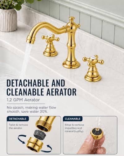 gotonovo Bathroom Faucet 3 Hole Vintage, Polish Gold, Hot Cold Label - Image 5