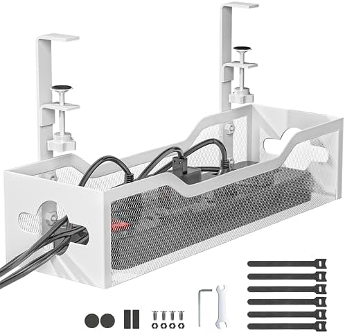 Under Desk Cable Management Tray White, Litwaro Cable Management Under Desk No Drill, Cable Organizer with Clamp for Wire Management, Cord Organizer for Office, Home No Damage to Desk by Litwaro