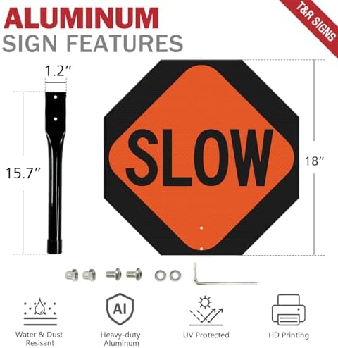 T&R (1 Pack) Large Stop Slow Sign with Handle, 18 x 18 Inches Double Sided Stop/Slow Traffic Sign, Rust Free Aluminum Reflective, Weather Resistant, Waterproof, Fade Resistant, Easy to Mount(Orange) - Image 2