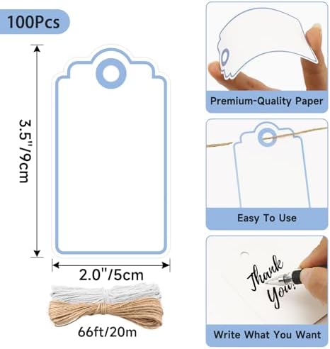 Anwyll Gift Tags with String - 100Pcs Blue Gift Bag Tags Personalized White Blank Hanging Paper Label Tag for Baby Shower Birthday Party Wedding Christmas Favor Present - Image 3
