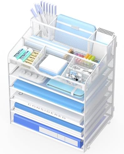 6 Tier Mesh Paper Desk Organizer with Pen Holders, White by OrgMate