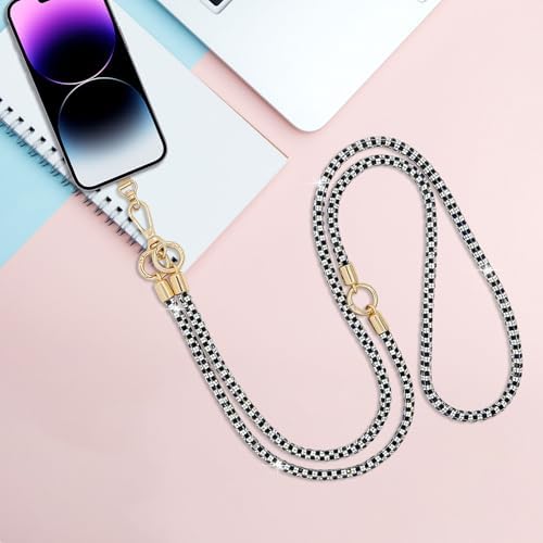 Phone Lanyard Crystal Phone Strap Crossbody, Black White - Image 7