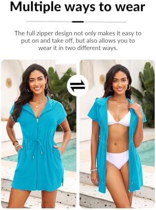 Womens Terry Cloth Cover Up Hooded Swim Cover with Zipper and Pocket - Image 4