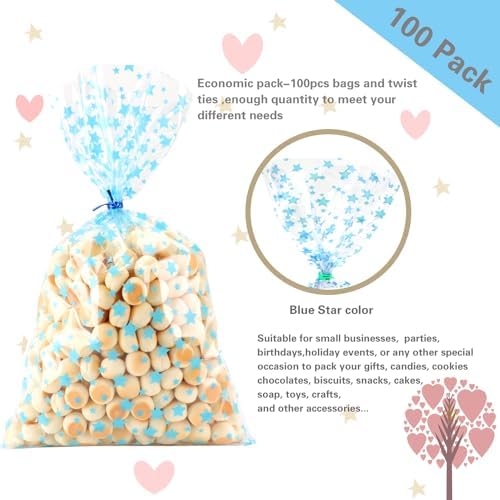 COQOFA 100 Pcs 7"X12" Blue Star Printed Clear Gift Cellophane Treat Bag Party Favor bags Clear Candy Cookie Bag Plastic Poly Goodie Storage Bags with Twist Ties for Baby Shower,Gender Reveal, Birthday, Wedding ,Party Decorations - Image 3