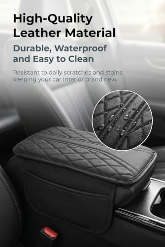 Car Center Console Cover, Middle Console Cushion with Storage Pockets, Leather Car Armrest Pad, Universal Arm Rest Cover for Vehicle Interior Accessories (Black) - Image 3