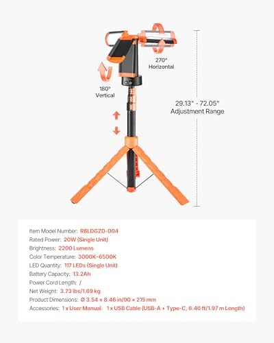 VEVOR LED Work Light with Stand, 13.2Ah, Rechargeable Cordless Camping Light, with 3 Lamp Heads, Detachable Tripod Stand, 2200 Lumens 3000K-6500K Dimmable, Portable Construction Lighting for Job Site - Image 7