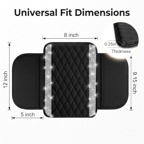 Sparkly Car Center Console Cover, Premium Rhinestone Armrest Cover for Car Center, Microfiber Leather Auto Arm Rest Cushion with Side Storage Pockets, Universal for Most Vehicles (Silver) - Image 2