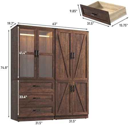 75" Tall Farmhouse 4 Doors Armoire Wardrobe Closet with 3 Drawers and LED,Freestanding Closet Wardrobe Cabinet for Bedroom with Hanging Rod,Wooden Armoire Storage Cabinet with Adjustable shelve(Brown) - Image 2