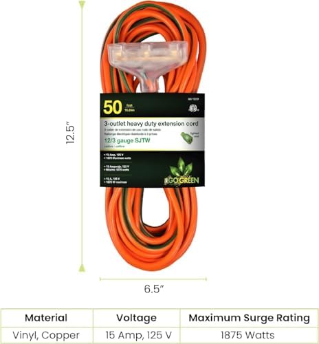 GoGreen Power Inc. (G-15250-2) 12/3 50' 3 Outlet Heavy Duty Extension Cord - Orange, 50ft, 2 Pack - Image 2