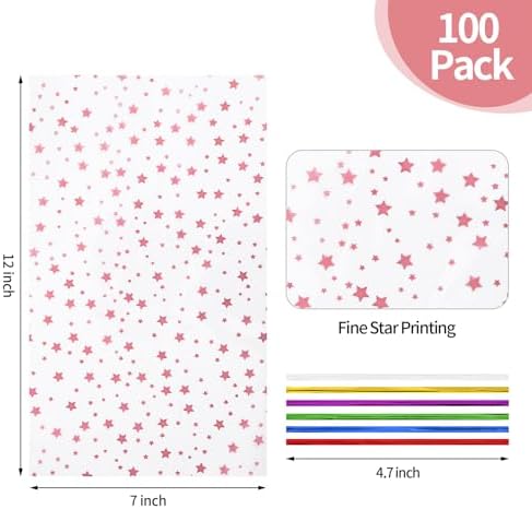 COQOFA 100 Pcs 7X12" Cello Cellophane Gift Treat Bags Party Favor bags Clear Candy Cookie Bags Plastic Poly Goodie Storage Bags with Twist Ties for Wedding Birthday Party Valentines Day Supplies Rose - Image 2