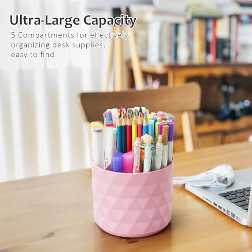 Desk Organizer, 360-Degree Rotating Pencil Pen Holders For Desk, Diamond Pattern Pen Organizer With 5 Compartments, Cute Desk Accessories Decor For Office, School,Home,Art Supply (Green) - Image 4