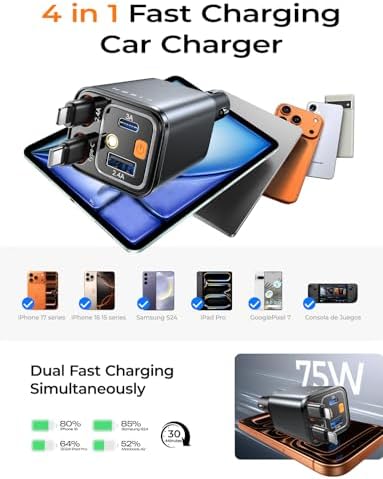 LISEN 4 in 1 Starlight Retractable Car Charger, 75W USB C Cigarette Adapter Fast Charging, Starlight Retractable Car Accessories for Women Mom, for iPhone 17 Pro Max Air 16 15 14 13 12 - Image 5