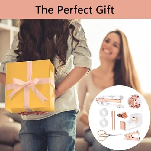 suniya Office Supplies Rose Gold Desk Accessories Set Office Supplies Kit with Stapler, Tape Dispenser, Scissors, Staple Remover, Ballpoint Pen, Clear Tape & Staples – Best Gift for Business or Boss - Image 7