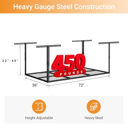 3x6ft Overhead Ceiling Garage Storage Rack, 450LBS Capacity, Black - Image 3