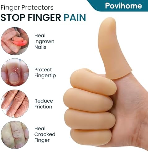 Povihome Finger Cots Protectors - Moisturizing Thumb and Finger Covers - Thickend Version - Elastic Cracked Silicone Finger Sleeves to Protect Cracked, Peel Finger and Other Finger Pain (Beige, 10PCS) - Image 3