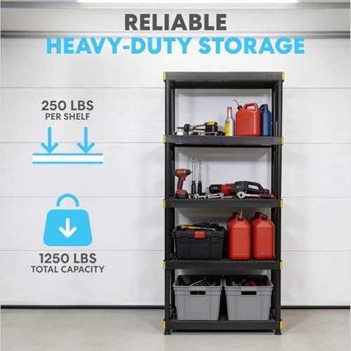 Simpli-Magic 5-Tier Heavy Duty Plastic Storage Shelving Unit, Garage & Outdoor Organizer, Modular Rack, 36 x 24 x 75 Inches, 250 lbs per Shelf, 1250 lbs Total Capacity - Image 3