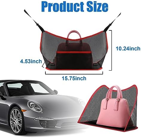 Ziciner Car Net Pocket Handbag Holder, Organizer Mesh Bag Between Two Seat, Driver Storage Netting Pouch for Handbag Purse, Barrier of Backseat Pet Kids, Car Accessories for Women Men (Black&Red) - Image 2