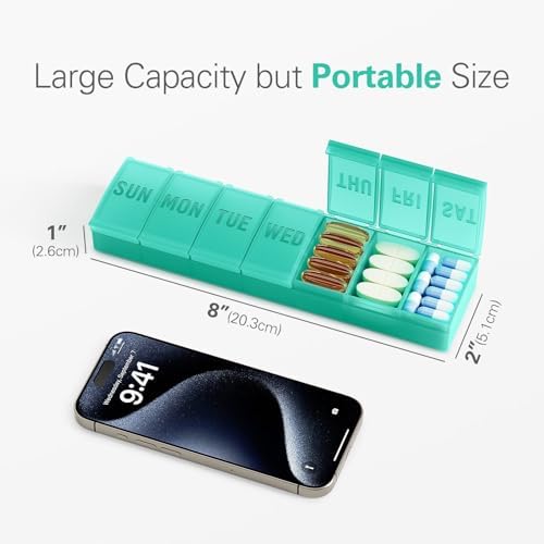 Barhon Pill Organizer Large, Weekly Pills Organizer Pill Box, Medicine Pill Organizer Travel, 7 Day Pill Case for Big Vitamins Supplements Fish Oil, Green - Image 7