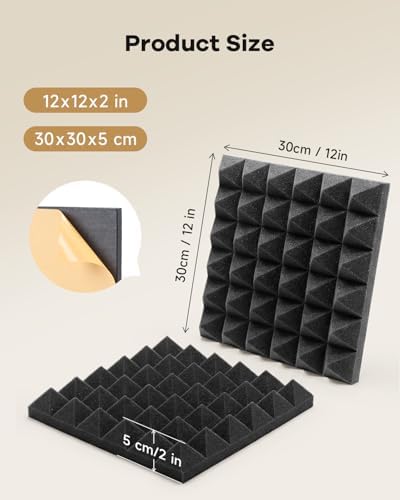 SD SODOCT 36 Pack 12 x 12 x 2 Inches Pyramid Acoustic Foam Panels, High Density Acoustic Foam, Self-Adhesive Sound Proof Foam Panels for Walls, Fire Resistant, Studio Wall & Ceiling Panels, Black - Image 4