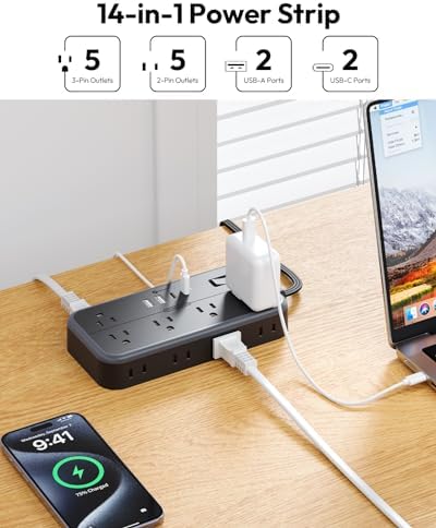 NTONPOWER Power Strip 15 Ft Cord, 10 Widely Spaced Outlets, 4 USB Port(2 USB C Port), Ultra Thin Flat Plug Extension Cord 15 Feet for Home Office Garage, Black - Image 3