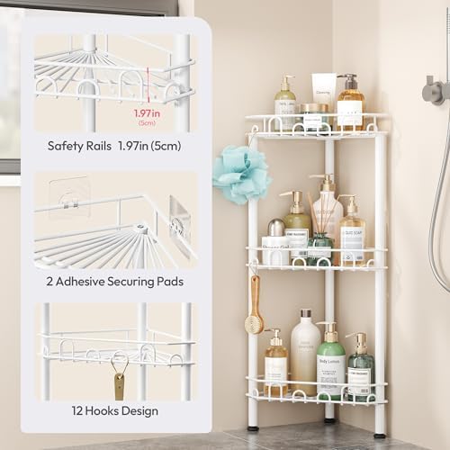 SWTYMIKI Standing Shower Caddy Corner - 3‑Tier Stainless Steel Shower Organizer Shelf with 12 Hooks and Adhesive Pads, Rustproof Corner Shelves Stand Rack for Bathroom Shower Room, white - Image 4