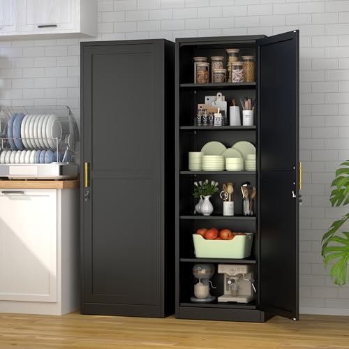 Lockable Tall Pantry Cabinet, Adjustable Shelves, Narrow Storage Cabinet by Unknown