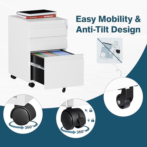 MIIIKO 3 Drawer File Cabinet on Wheels, Home Office Mobile File Drawers Under Desk, Full Assembled White Filing Cabinets with Lock for Legal/Letter/A4 File Folders - Image 6